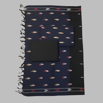 Navy blue towel with white geometric pattern and black pocket on a white background