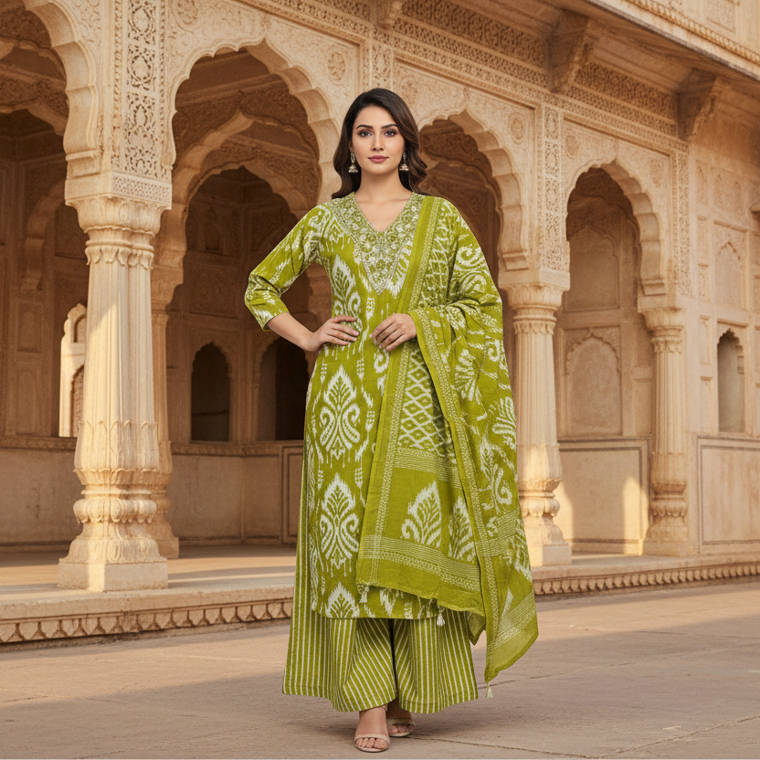 Woman wearing a green and white patterned traditional outfit on a gray background