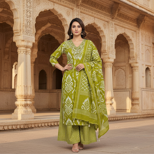 Woman wearing a green and white patterned traditional outfit on a gray background