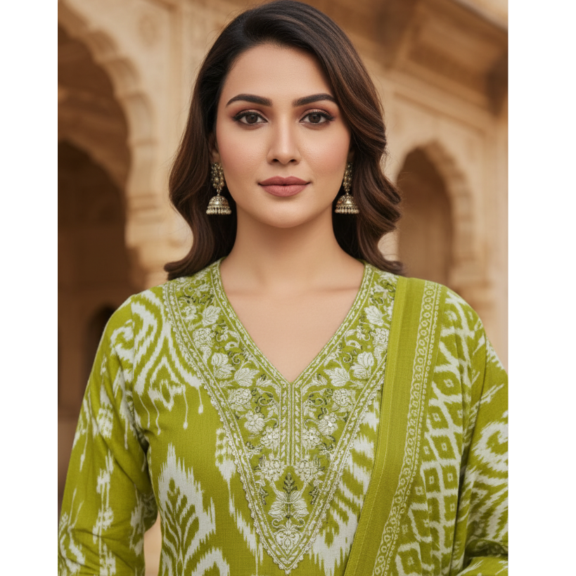 Woman in a green traditional outfit standing in front of an architectural background