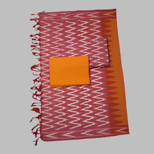 Sari with zigzag pattern and orange pocket on a white background