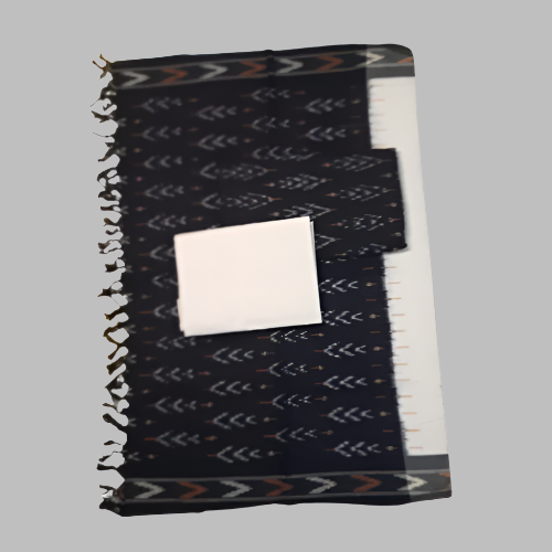Black patterned blanket with white center on a white background