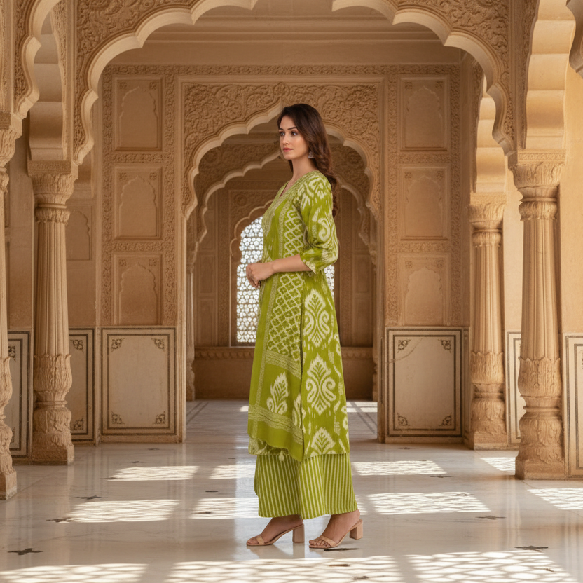 Woman wearing a green patterned kurta with matching pants on a white background