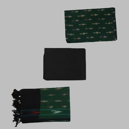Set of three green fabric pouches with different designs on a white background