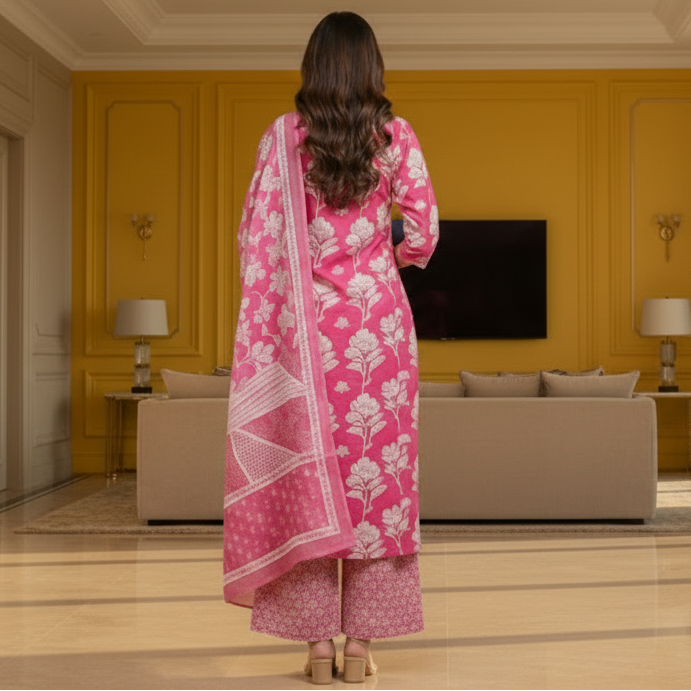 Woman wearing a pink floral traditional outfit on a gray background