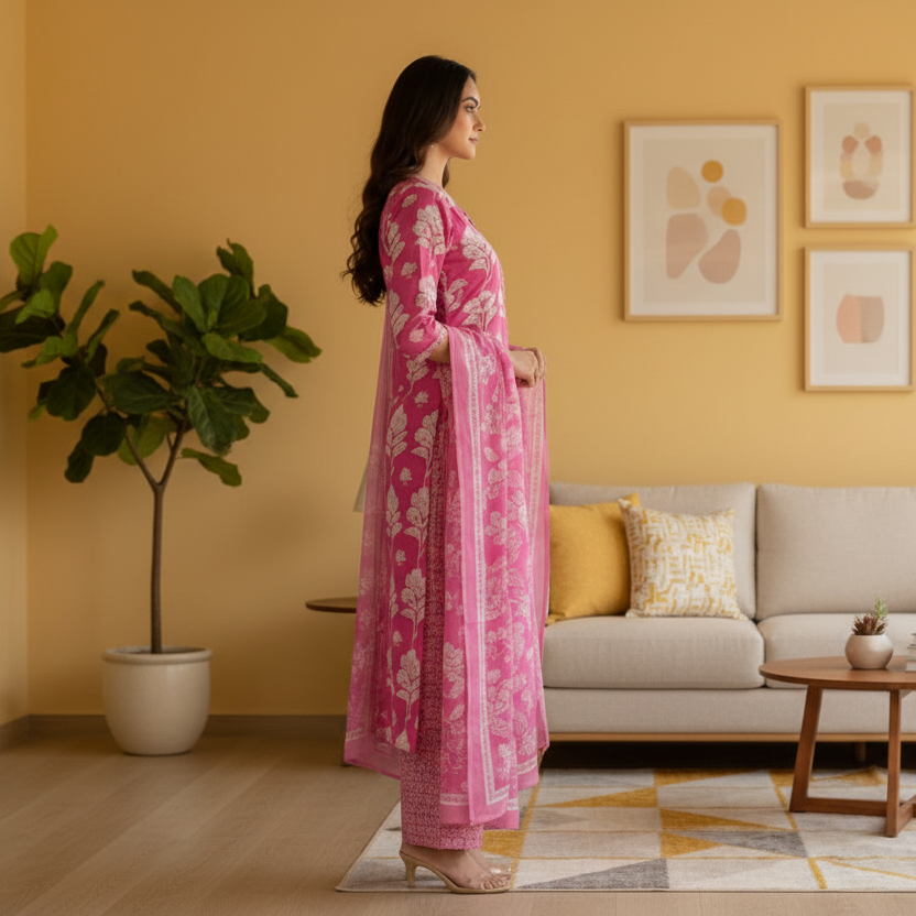 Woman wearing a pink floral traditional outfit on a gray background
