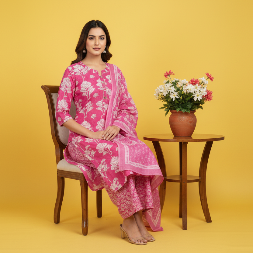 Woman wearing a pink floral traditional outfit on a gray background