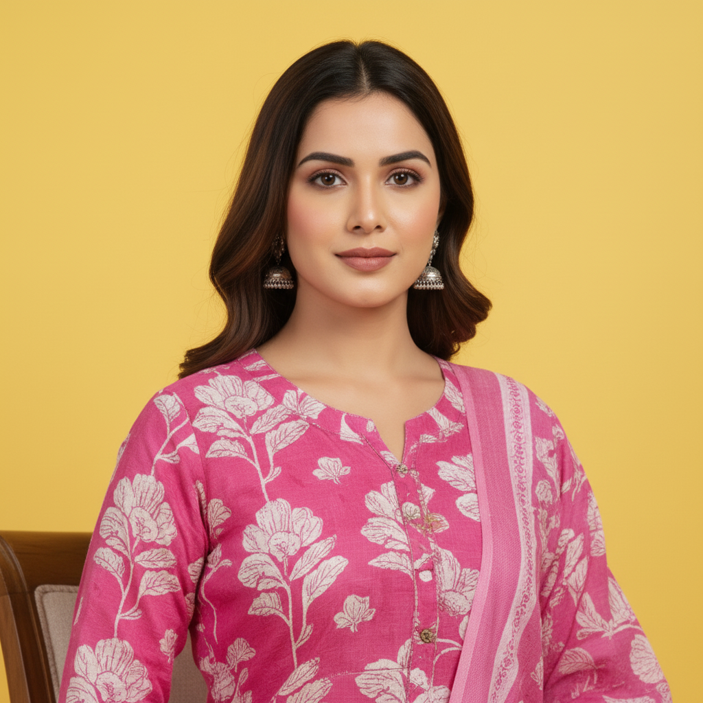 Woman in a pink floral outfit sitting on a chair with a yellow background
