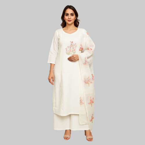 Woman wearing a white outfit with floral embroidery on a white background