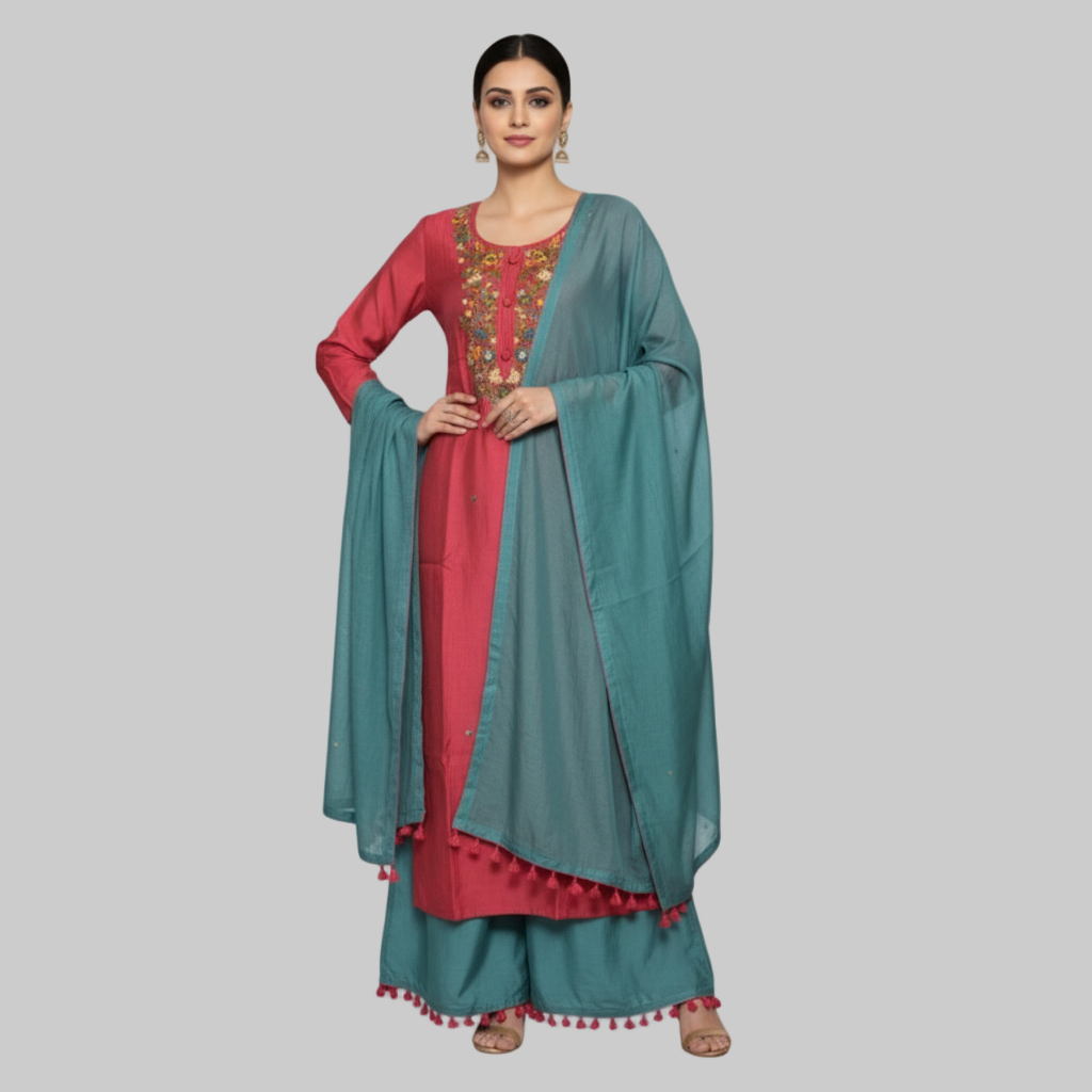 Red embroidered kurta and teal saree with red border on hangers against a white background