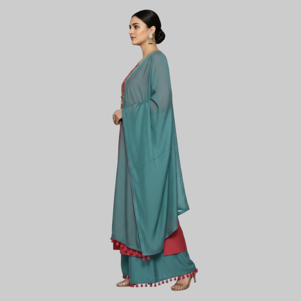 Woman wearing a red and teal traditional outfit with a matching dupatta on a white background