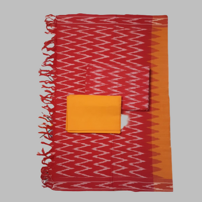 Red and orange patterned fabric with a pocket on a white background