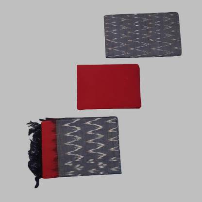 Three fabric samples with different patterns and colors on a white background