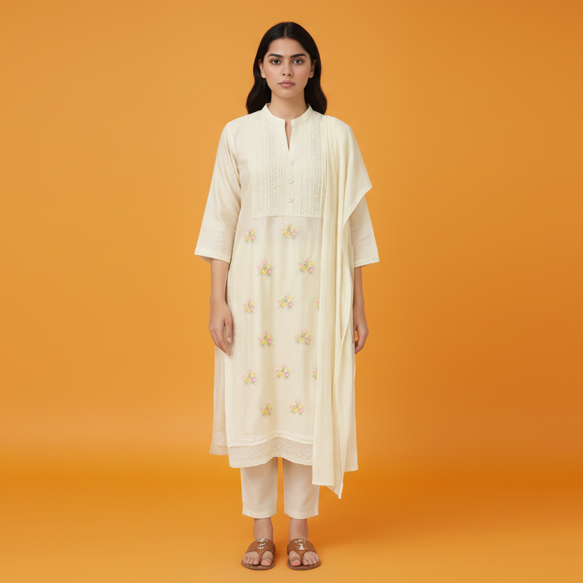Woman wearing a light yellow kurta with pants and a dupatta on a gray background
