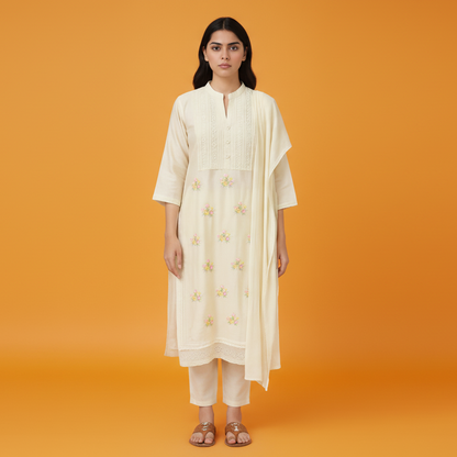 Woman wearing a light yellow kurta with pants and a dupatta on a gray background