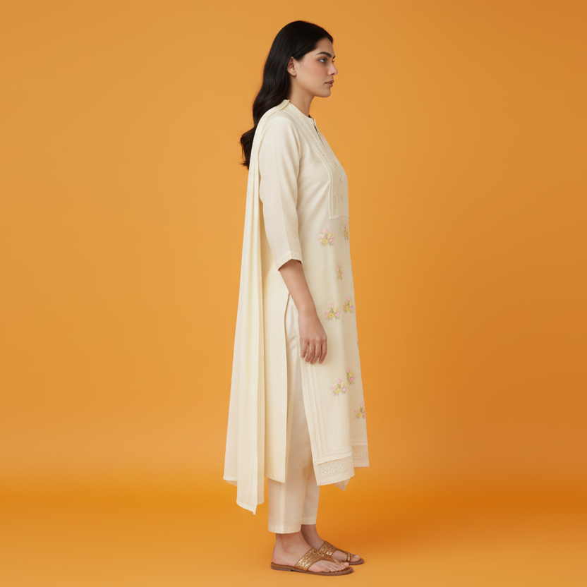Woman wearing a cream-colored outfit with floral patterns on an orange background