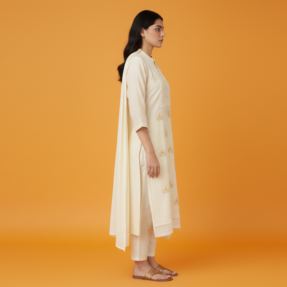 Woman wearing a cream-colored outfit with floral patterns on an orange background