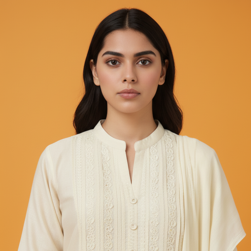 Woman wearing a cream-colored outfit with floral patterns on an orange background