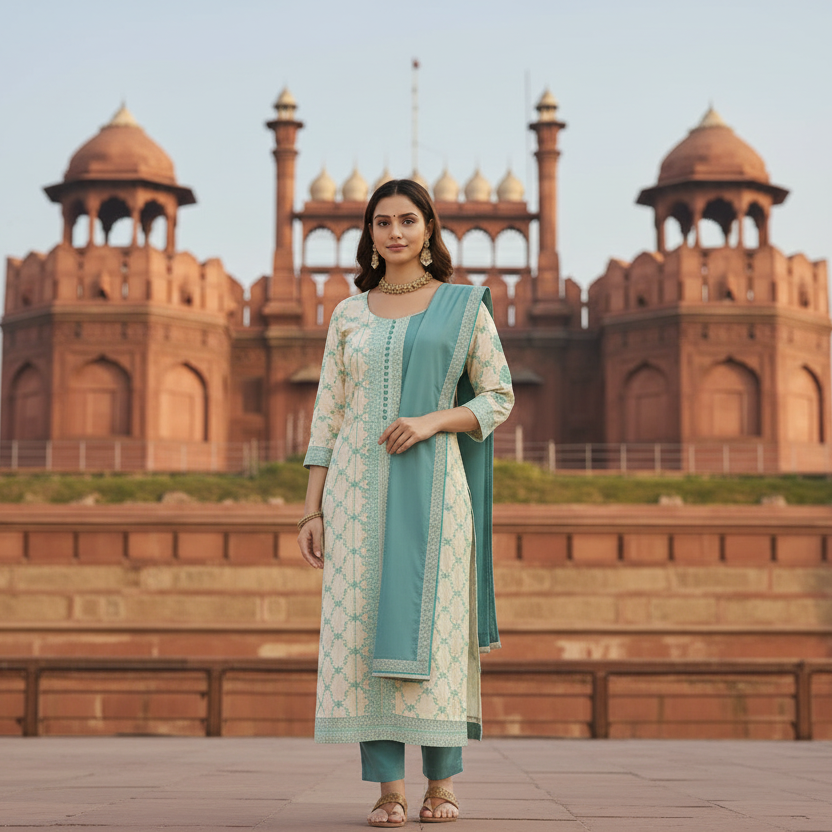 Woman wearing a teal and white traditional outfit on a gray background