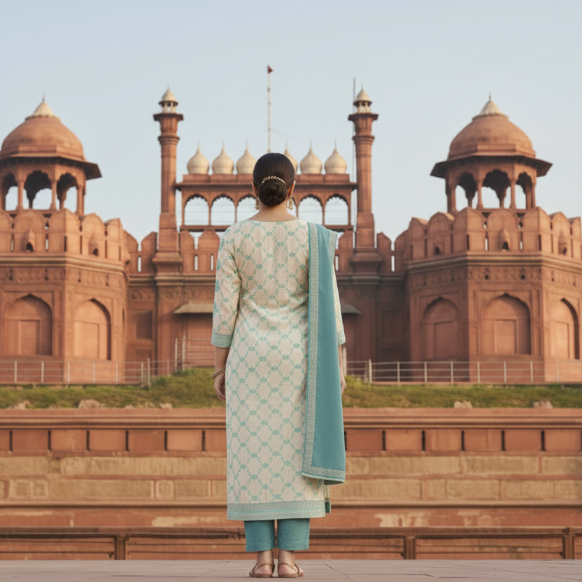 Woman in traditional outfit standing in front of a historic building with domes.