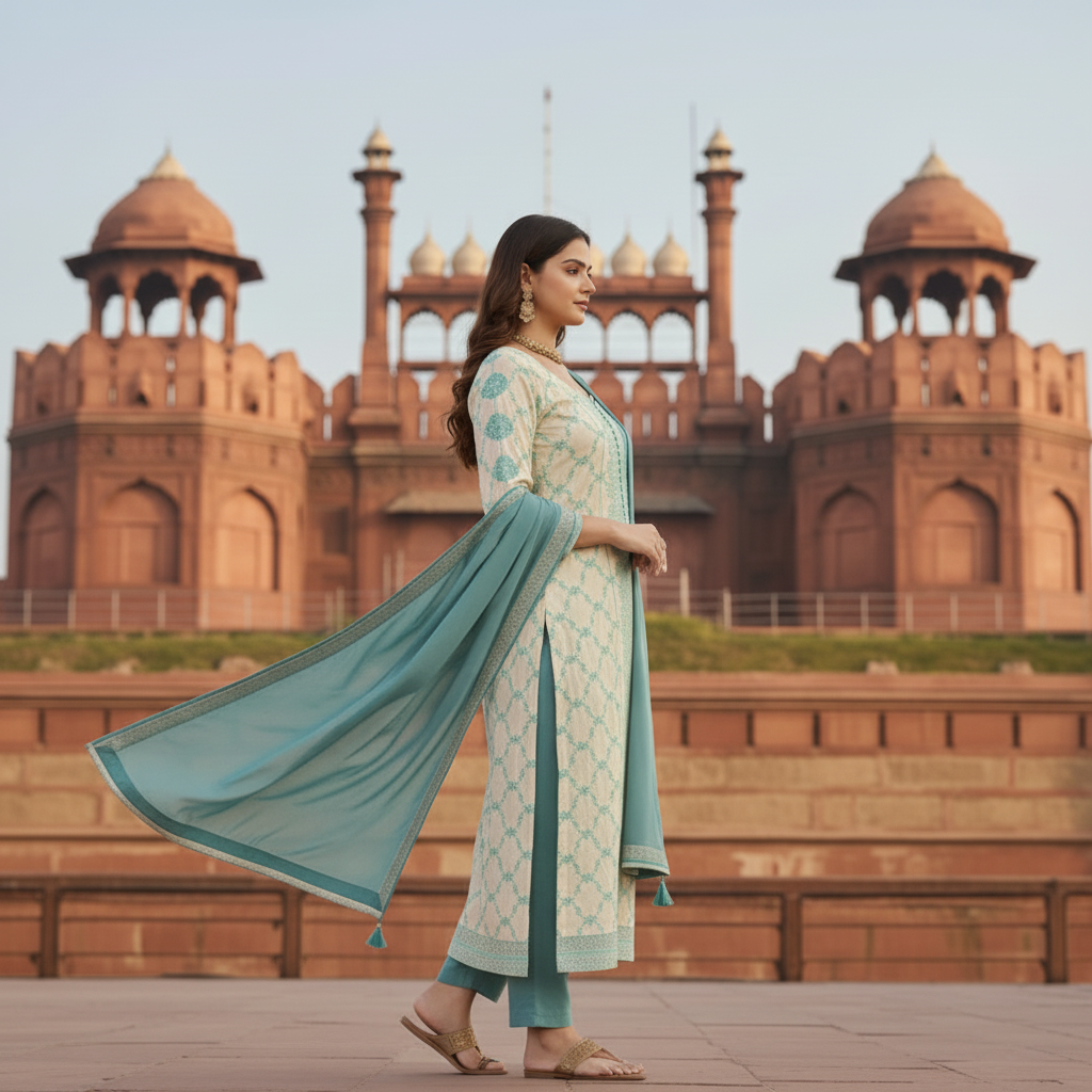 Woman in traditional outfit standing in front of a historic building with domes.