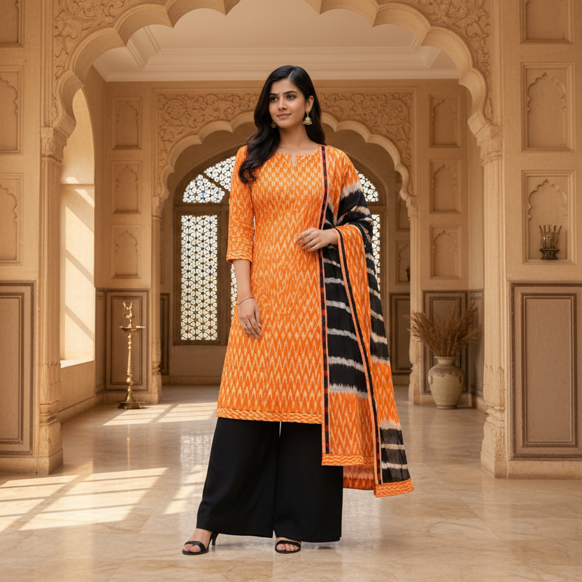 Woman wearing an orange and black traditional outfit with a scarf on a white background