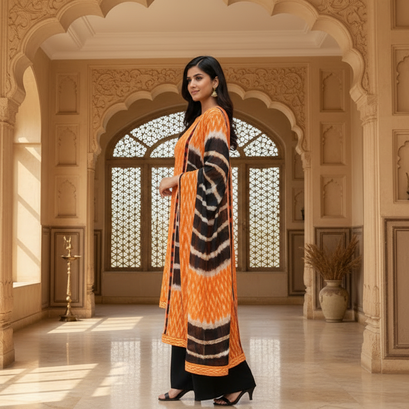 Woman in an orange and black traditional outfit standing in a decorative interior setting.