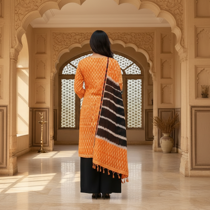 Woman in an orange and black traditional outfit standing in a decorative interior setting.