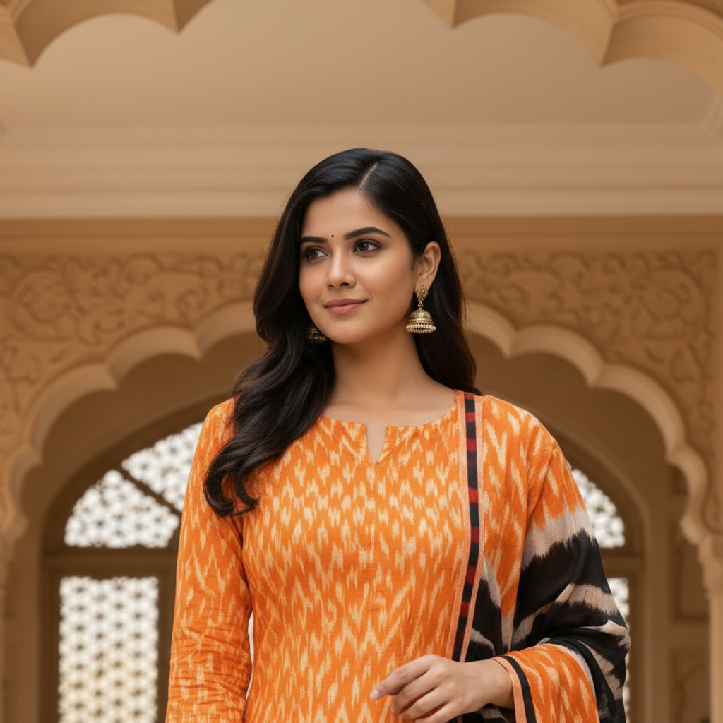 Woman in an orange and black traditional outfit standing in a decorative interior setting.