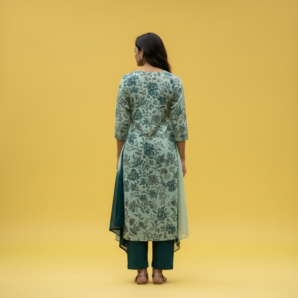 Woman wearing a green and blue traditional outfit on a yellow background