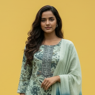 Woman wearing a green and blue traditional outfit against a yellow background