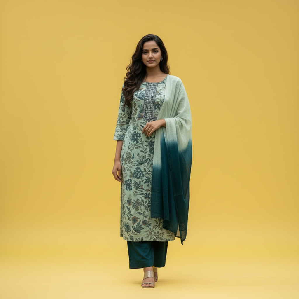 Woman wearing a floral dress with a matching dupatta on a gray background