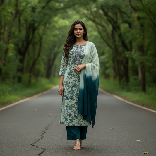 Woman wearing a floral dress with a matching dupatta on a gray background