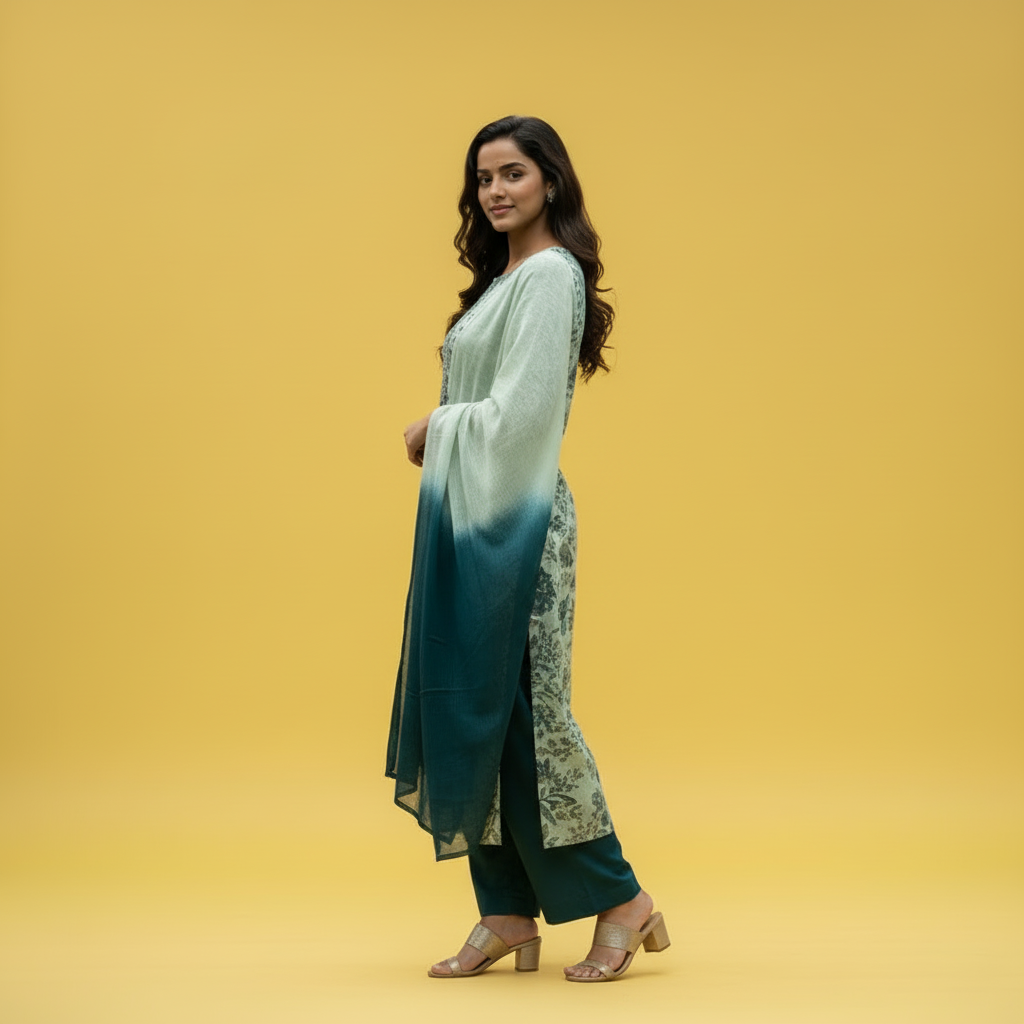 Woman wearing a green and blue traditional outfit on a yellow background