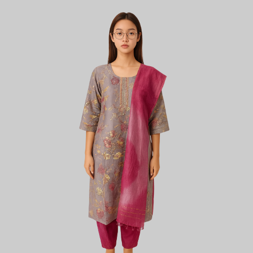 Woman wearing a gray floral dress with a pink dupatta on a white background