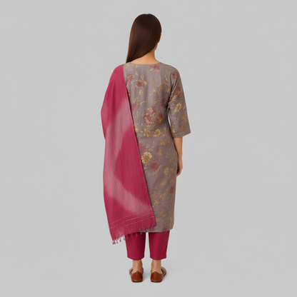 Woman wearing a gray floral kurta with pink dupatta and pants on a gray background