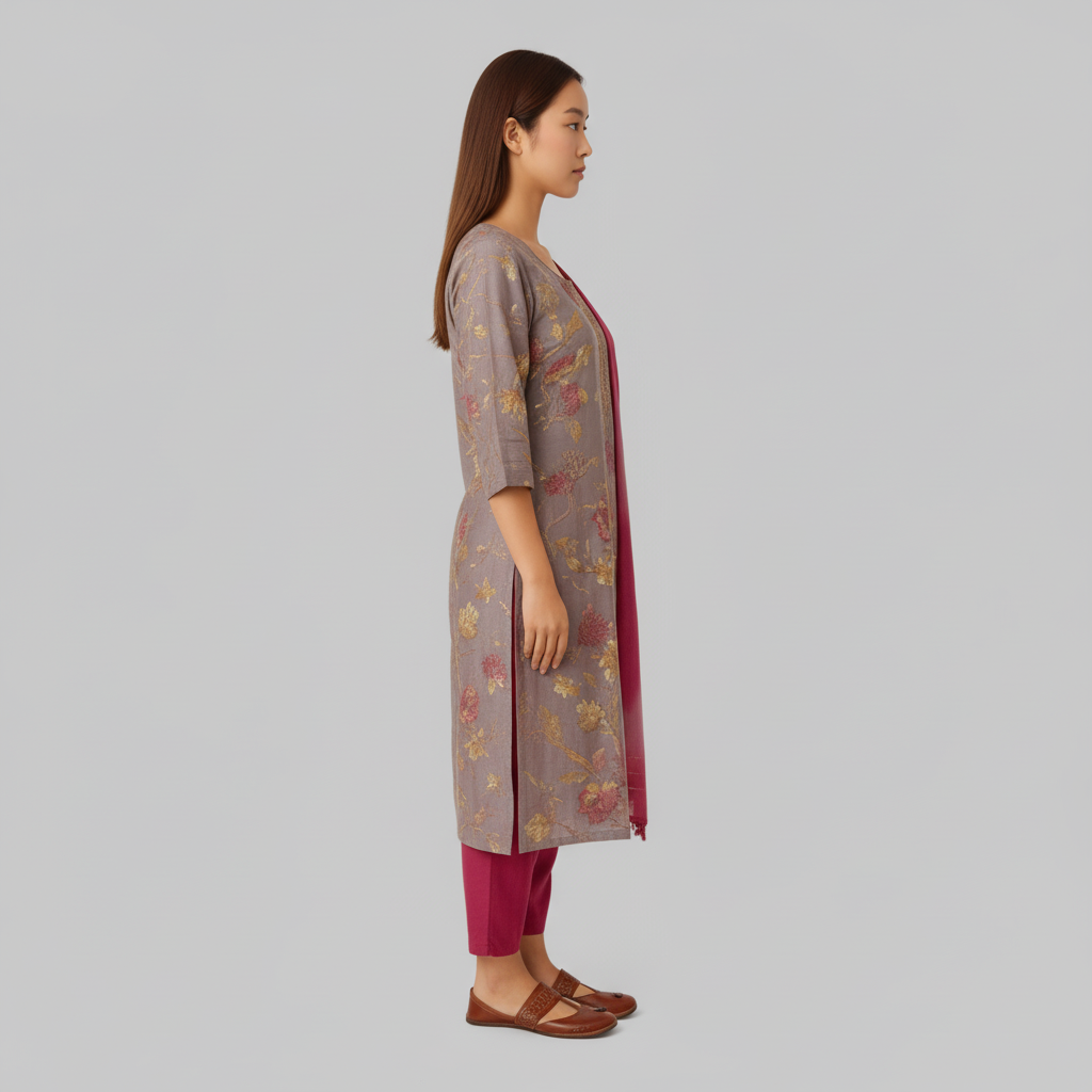 Woman wearing a gray floral kurta with pink dupatta and pants on a gray background