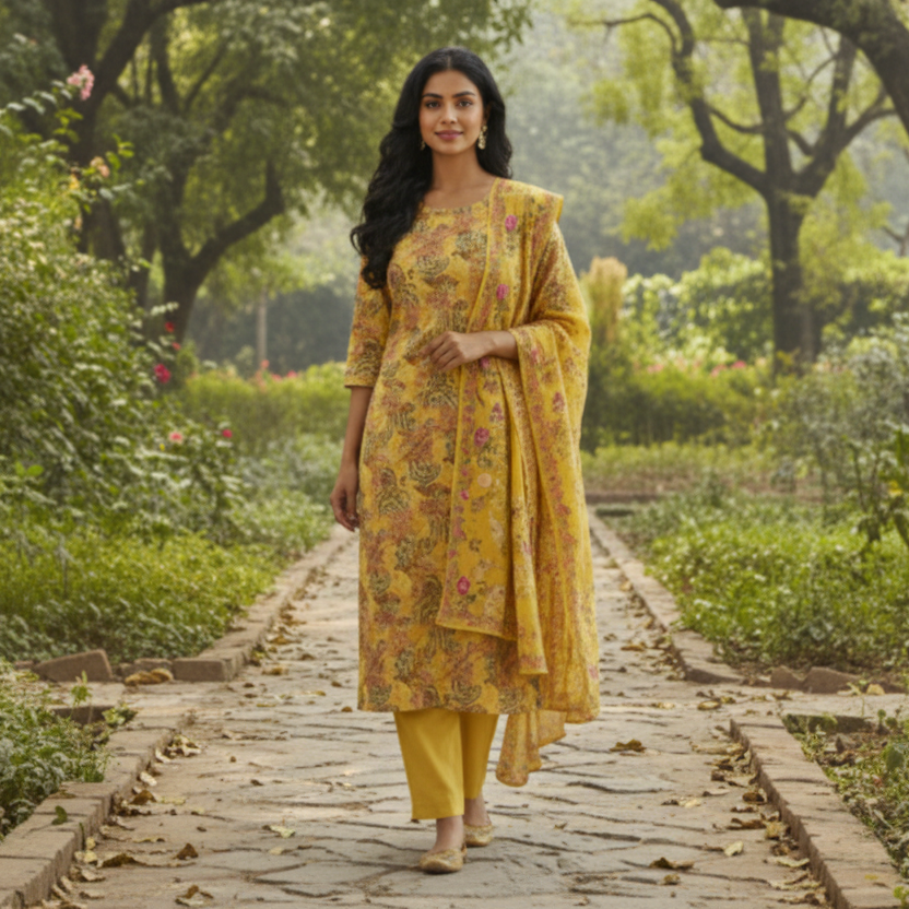 Woman wearing a yellow patterned kurta with matching pants and dupatta on a gray background