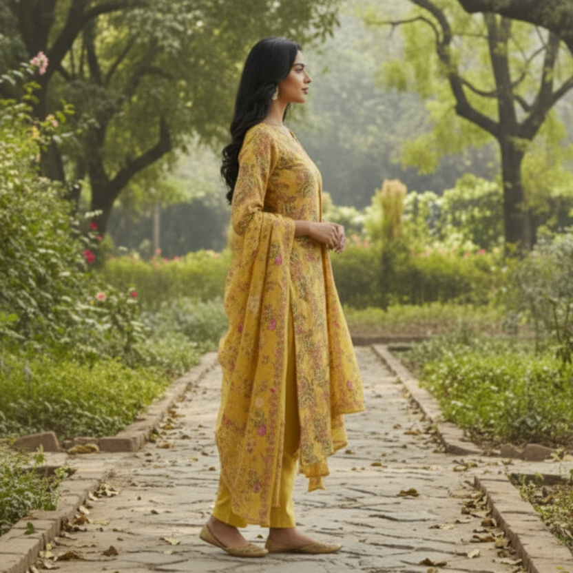 Woman in a yellow traditional outfit standing on a garden path