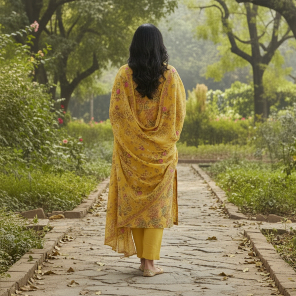 Woman in a yellow traditional outfit standing on a garden path