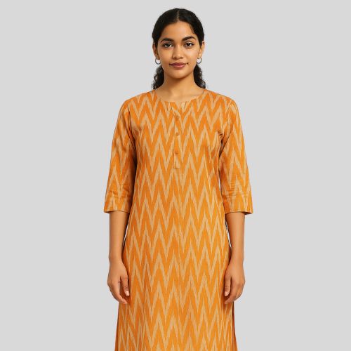 Pochampally Ikkat Drak Yellow and White Wave Kurti