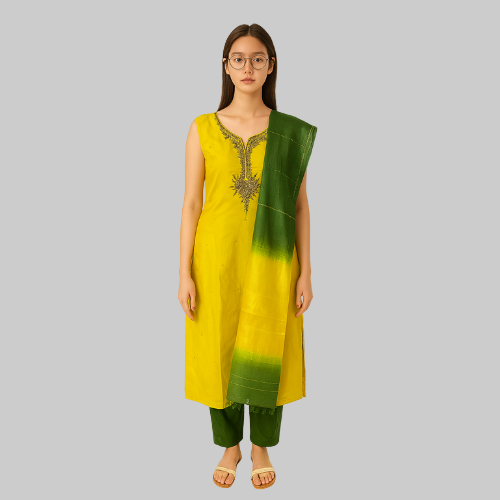 Woman wearing a yellow and green traditional outfit on a white background