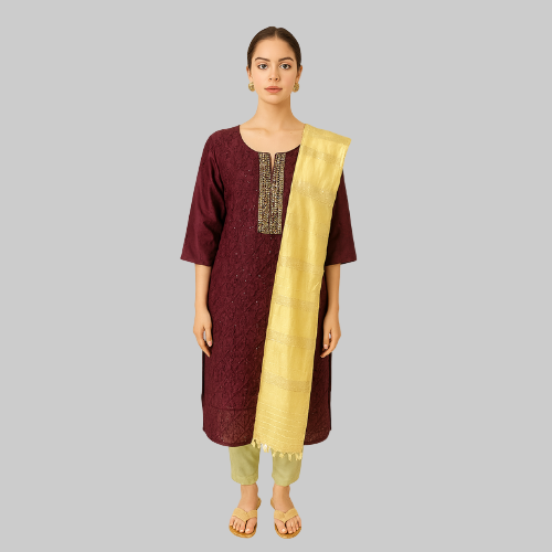 Woman wearing a maroon kurta with gold dupatta on a white background