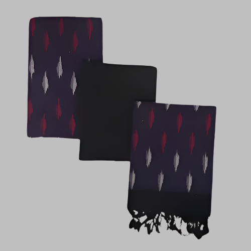 A set of three woven scarves with a geometric wave pattern in black, white, and maroon colors, displayed flat.