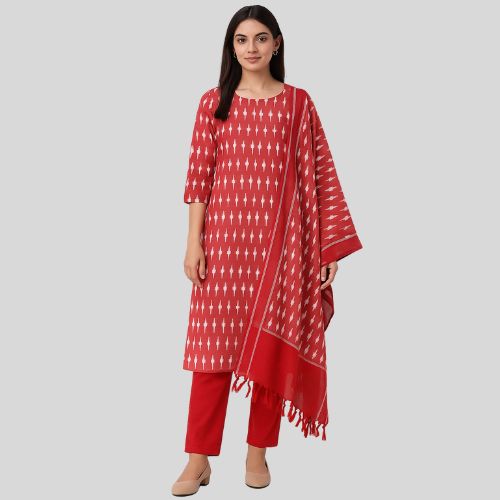Pochampally Ikkat Red and White 3 Pcs Kurti Set