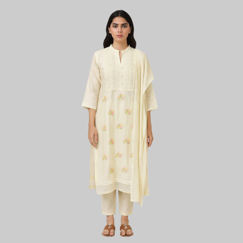 Woman wearing a cream-colored kurta with floral embroidery on a white background