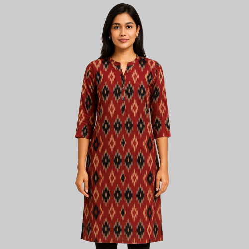 Woman wearing a maroon and black patterned kurta on a white background