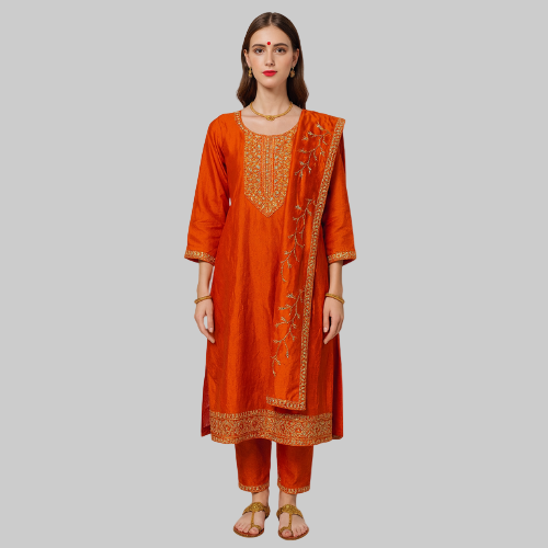 Woman wearing an orange embroidered traditional outfit on a white background