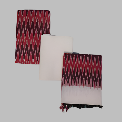 A set of three Ikkat patterned fabric pieces, with red, black, and white colors, displayed against a white background.