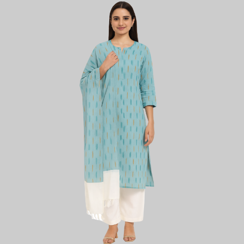 Woman wearing a light blue kurta with white pants on a white background